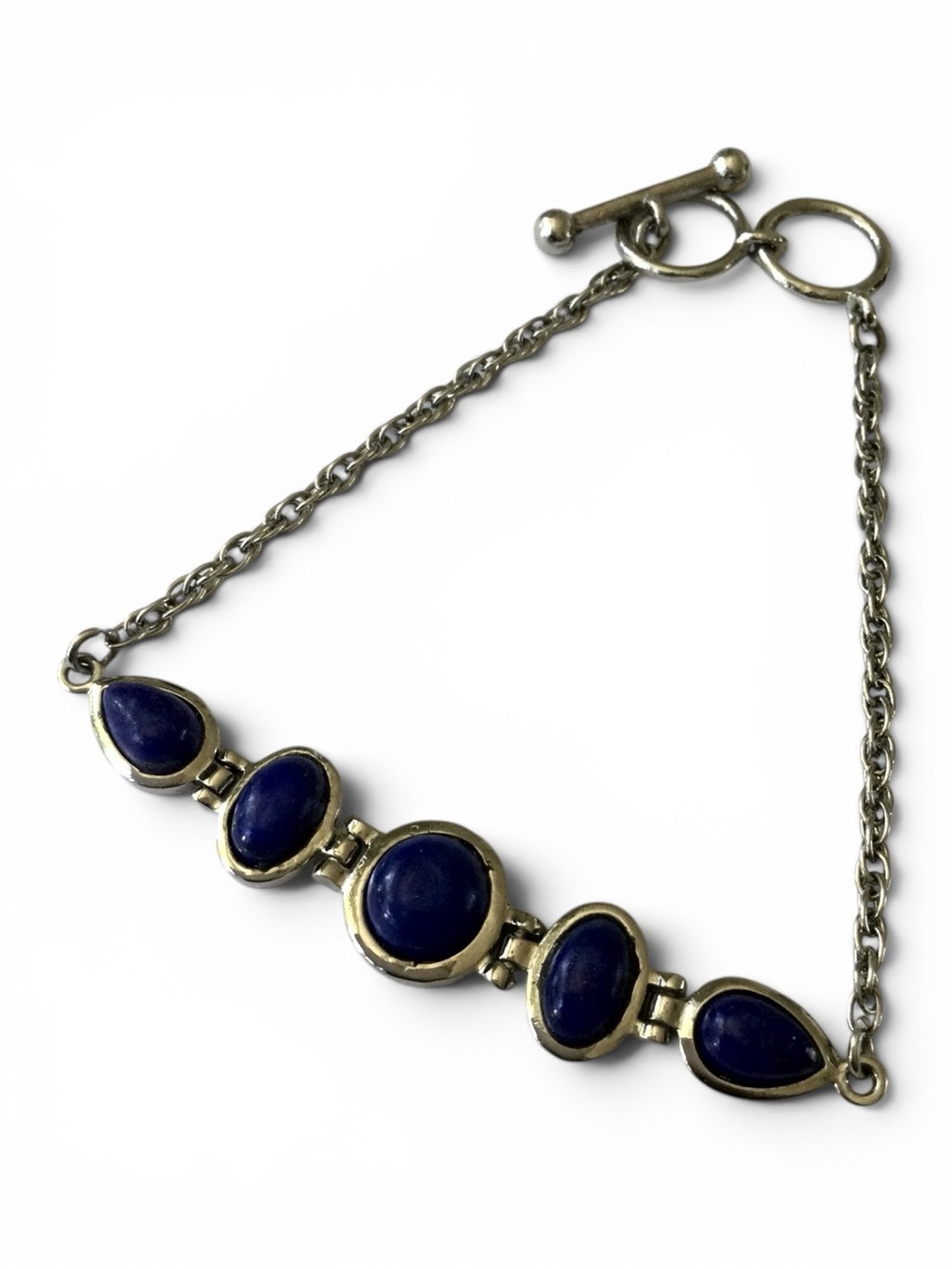 Silver-Tone Stainless Steel Link Bracelet - Blue Lapis-Style Cabochons - 7"-8" - Picture 7 of 12